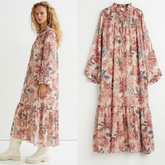H&M Dresses & Skirts - NWT H&M Long Floral Chiffon Dress Light Beige
